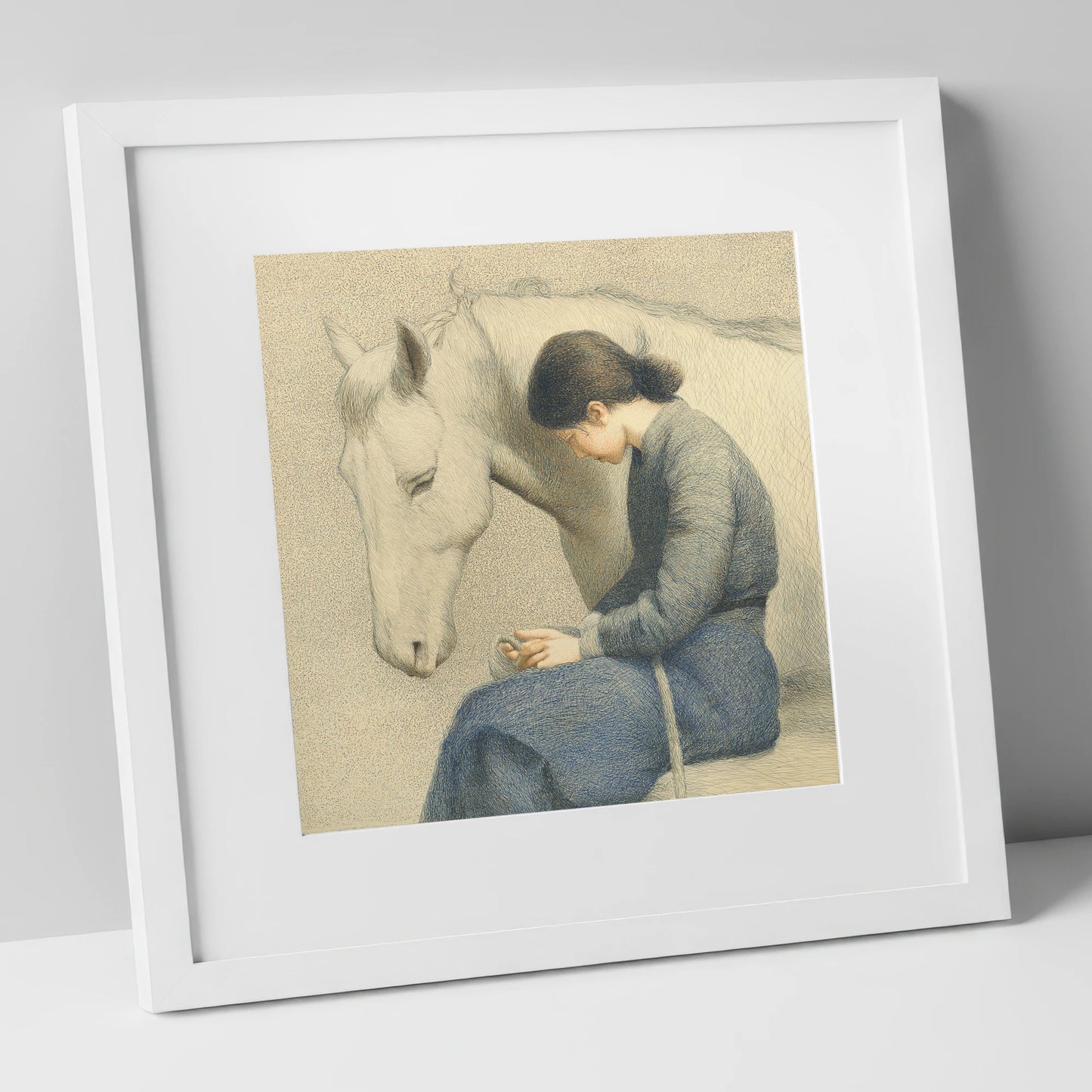 Solace in Stillness horse & rider art print in white frame