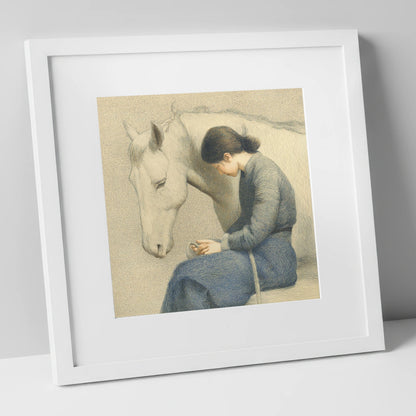 Solace in Stillness horse & rider art print in white frame