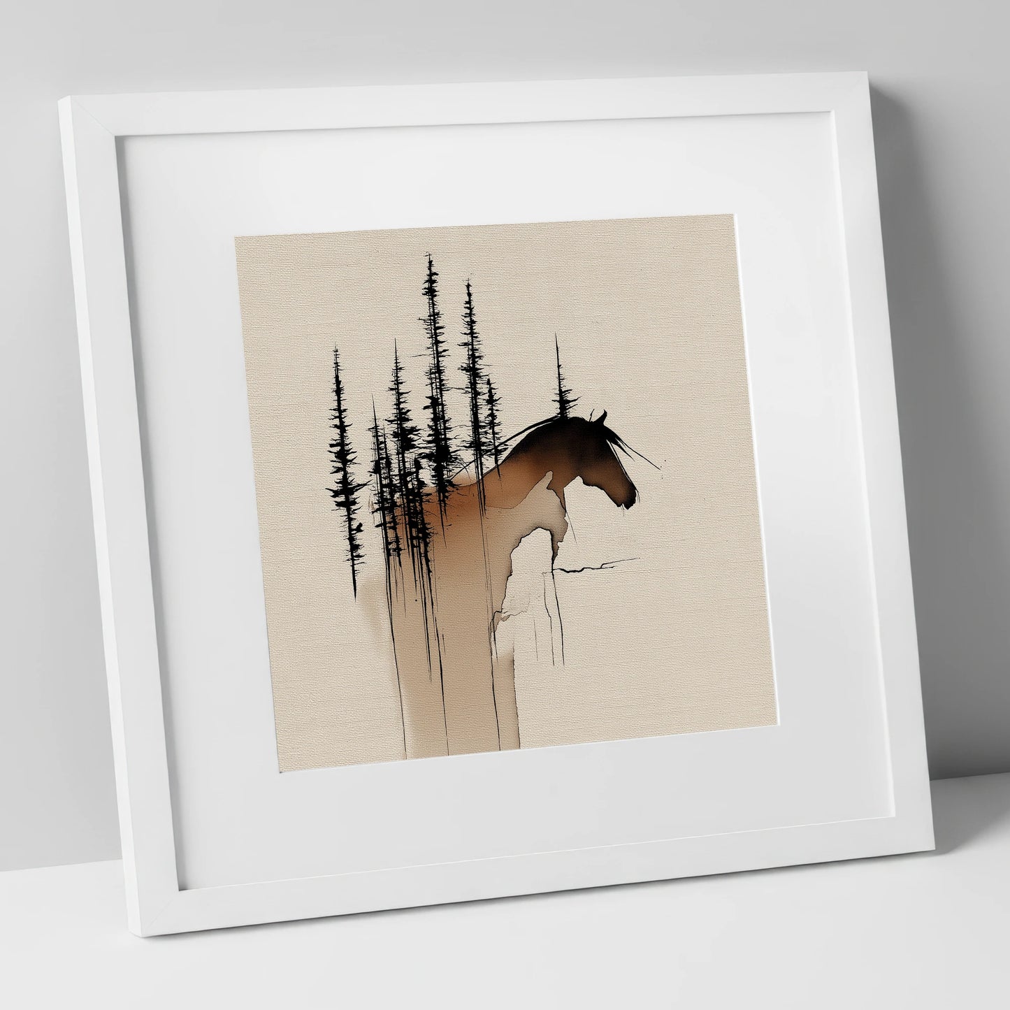 Timberline Silhouette horse landscape art print in white frame