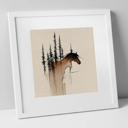 Timberline Silhouette horse landscape art print in white frame