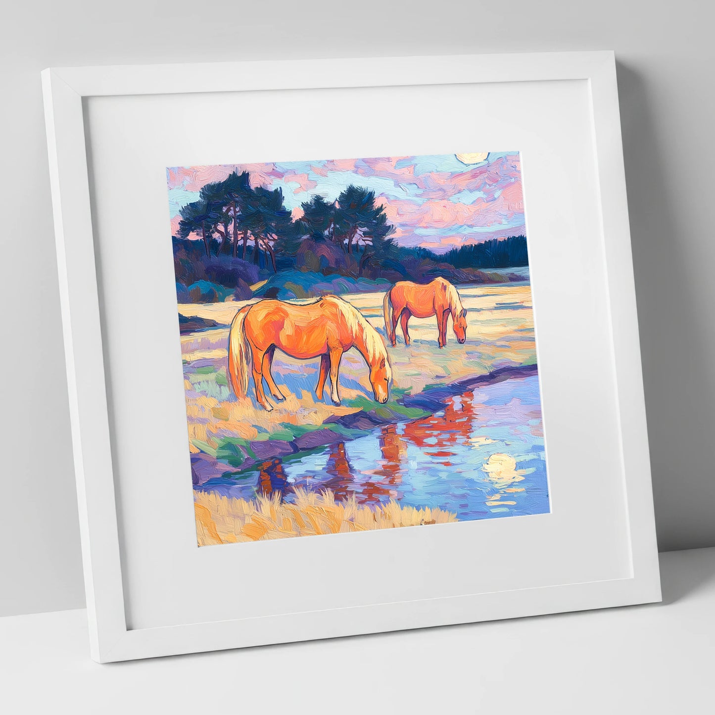 Evening Pasture Reflections horse landscape art print in white frame