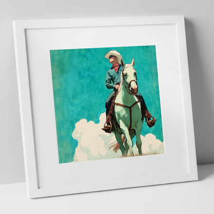 Teal Sky Rider western horse art print in white frame