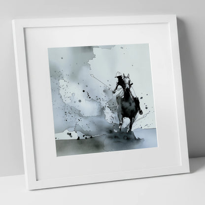 Out of the Mist polo horse art print in white frame