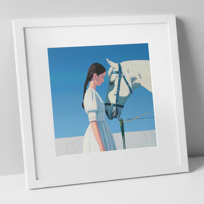 Silent Dialogue horse & rider art print in white frame