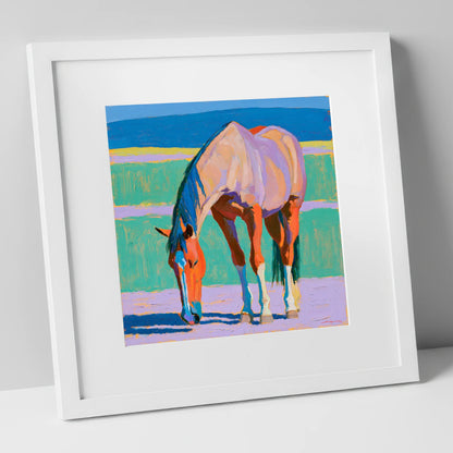 Colourful Grazing Horse horse breed art print in white frame