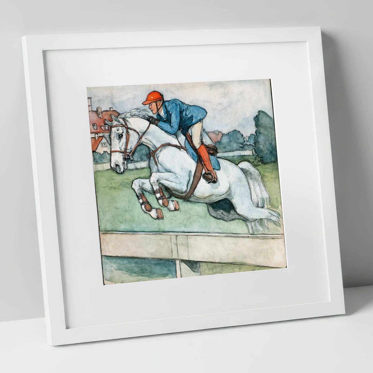 Clearing the Timber show jumping horse art print in white frame