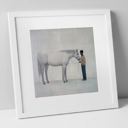 Silent Understanding horse & rider art print in white frame