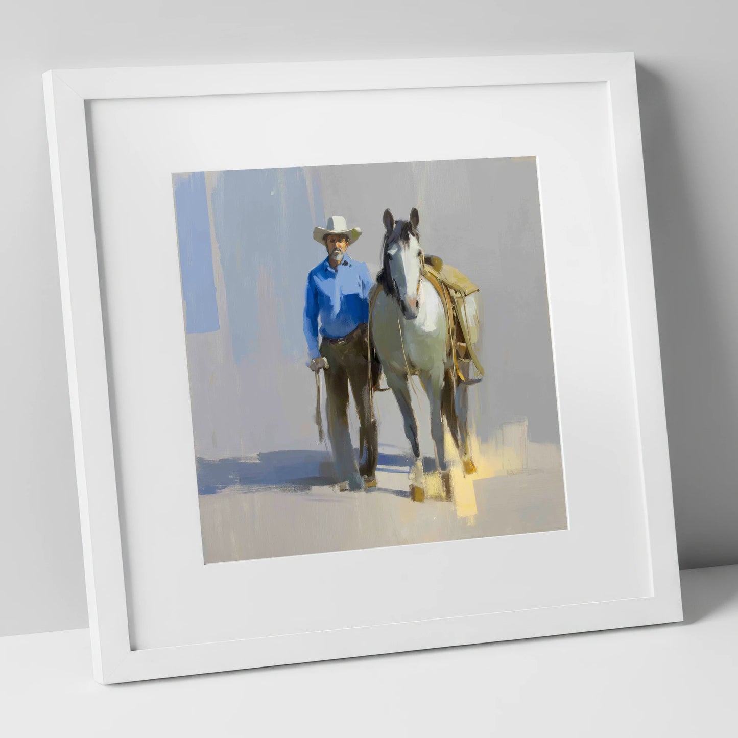 Sunlit Western Walk western horse art print in white frame