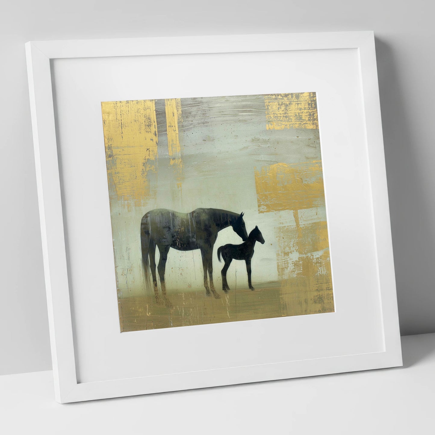 Gilded Maternal Bond mare & foal art print in white frame