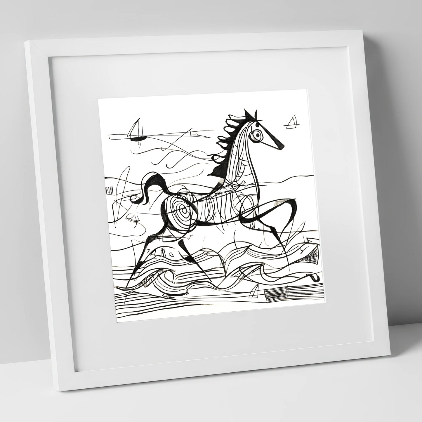 Structural Seaside Canter beach horse art print in white frame