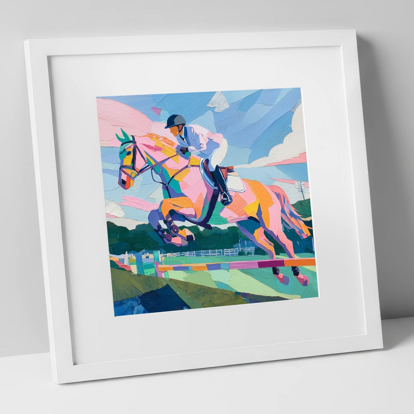 Kaleidoscope Leap show jumping horse art print in white frame