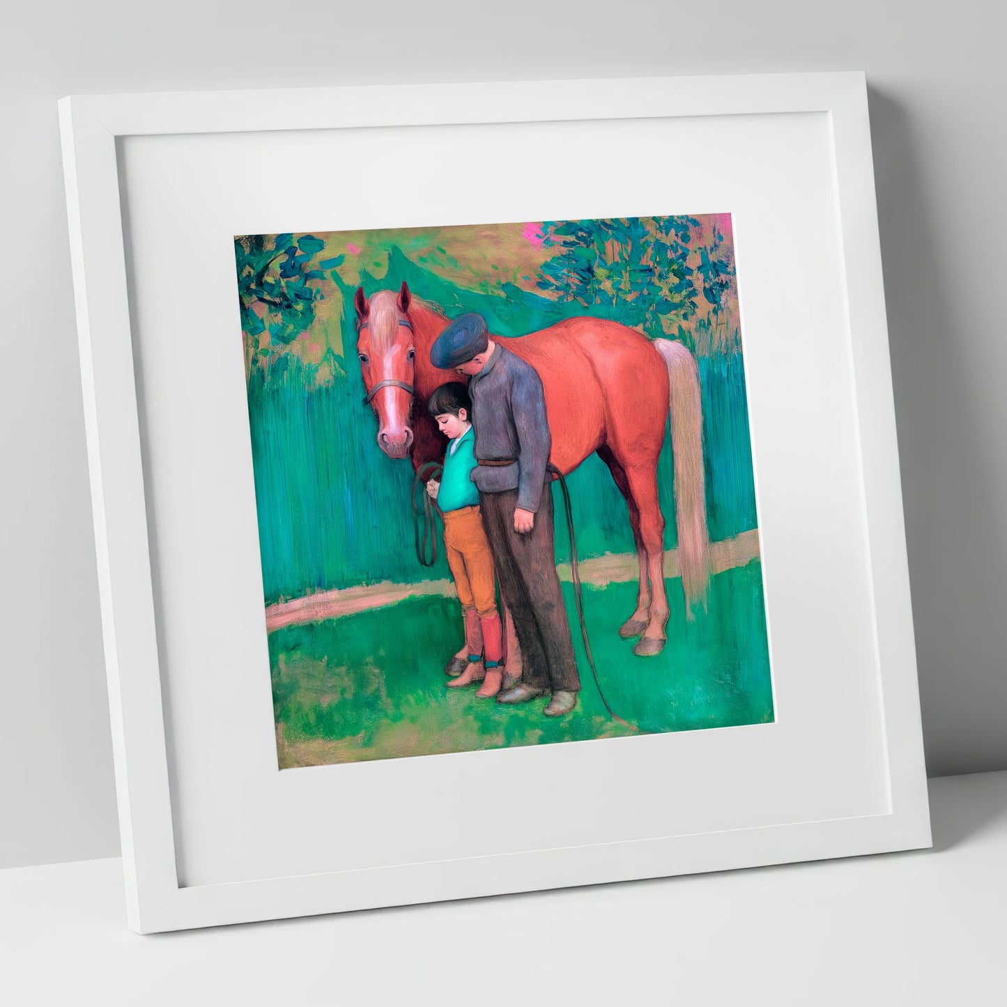 A Quiet Connection horse & rider art print in white frame