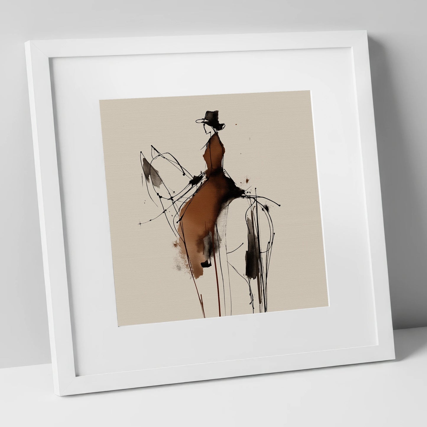 Sepia Equestrian Silhouette horse & rider art print in white frame