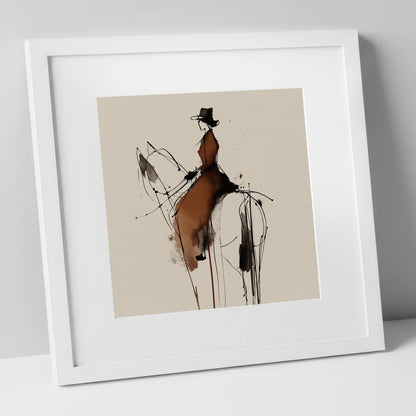 Sepia Equestrian Silhouette horse & rider art print in white frame