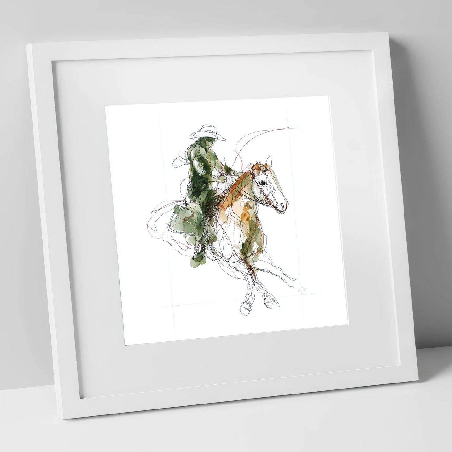 Expressive Western Rider western horse art print in white frame