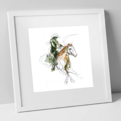 Expressive Western Rider western horse art print in white frame