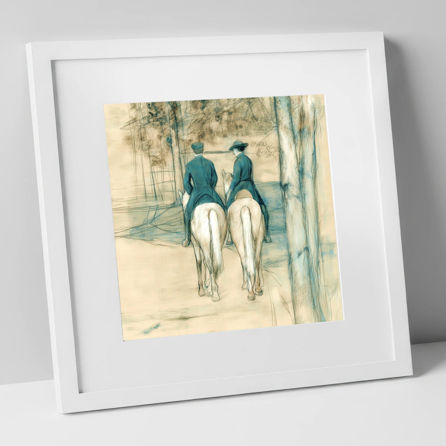 The Woodland Hack horse & rider art print in white frame