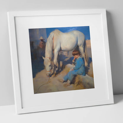 Quiet Companions horse & rider art print in white frame