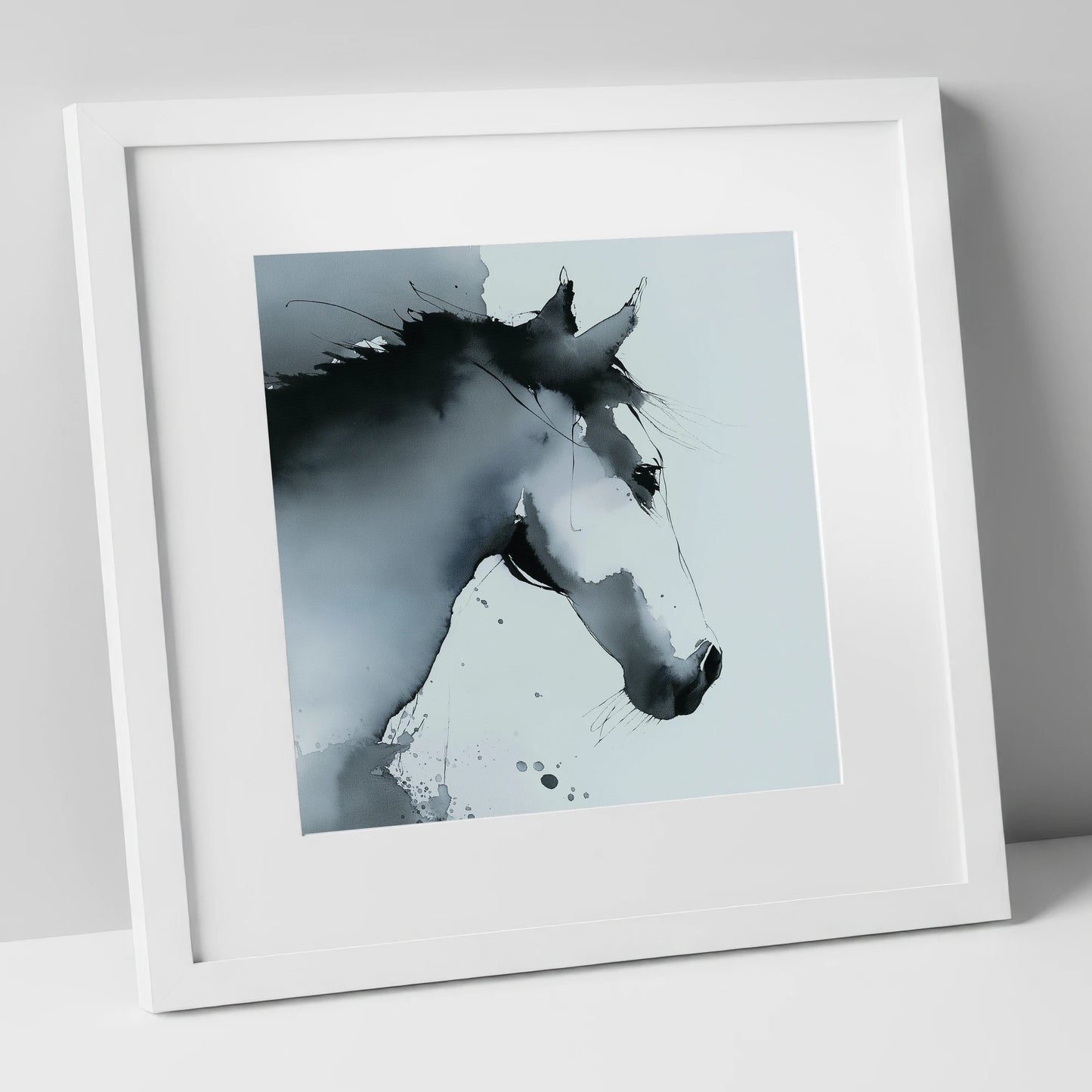 Ethereal Monochrome Profile horse portrait art print in white frame