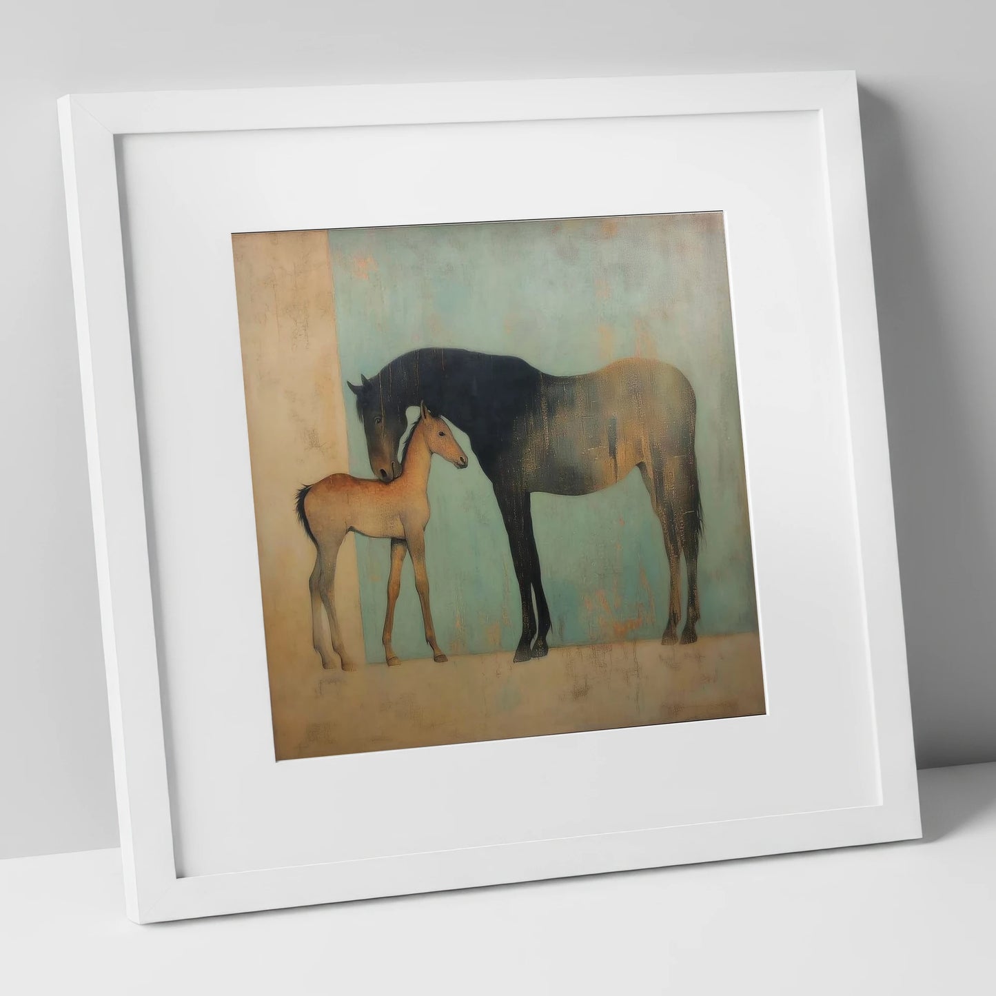 A Golden Bond mare & foal art print in white frame