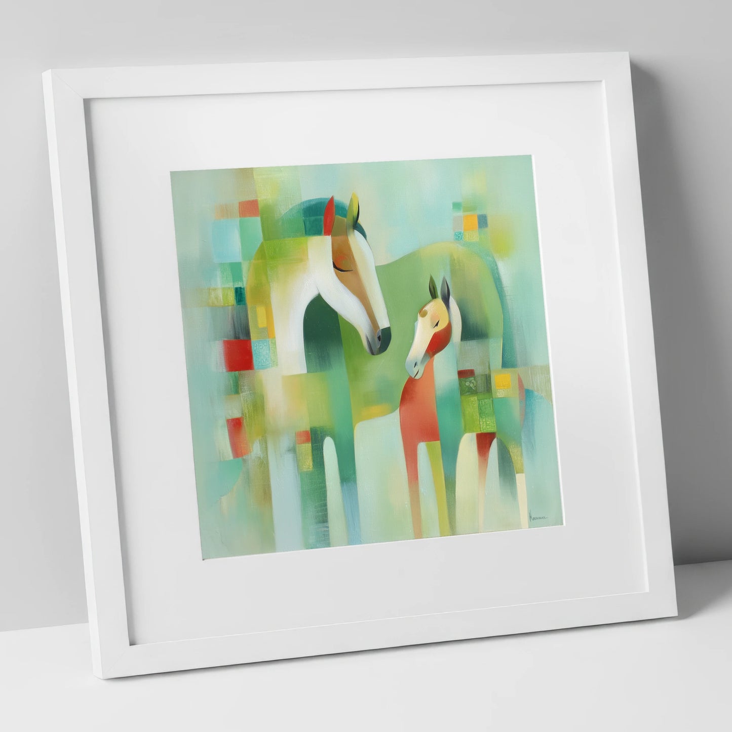 Contemporary Equine Harmony mare & foal art print in white frame