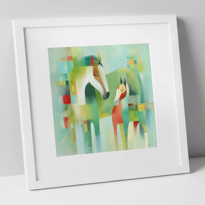 Contemporary Equine Harmony mare & foal art print in white frame