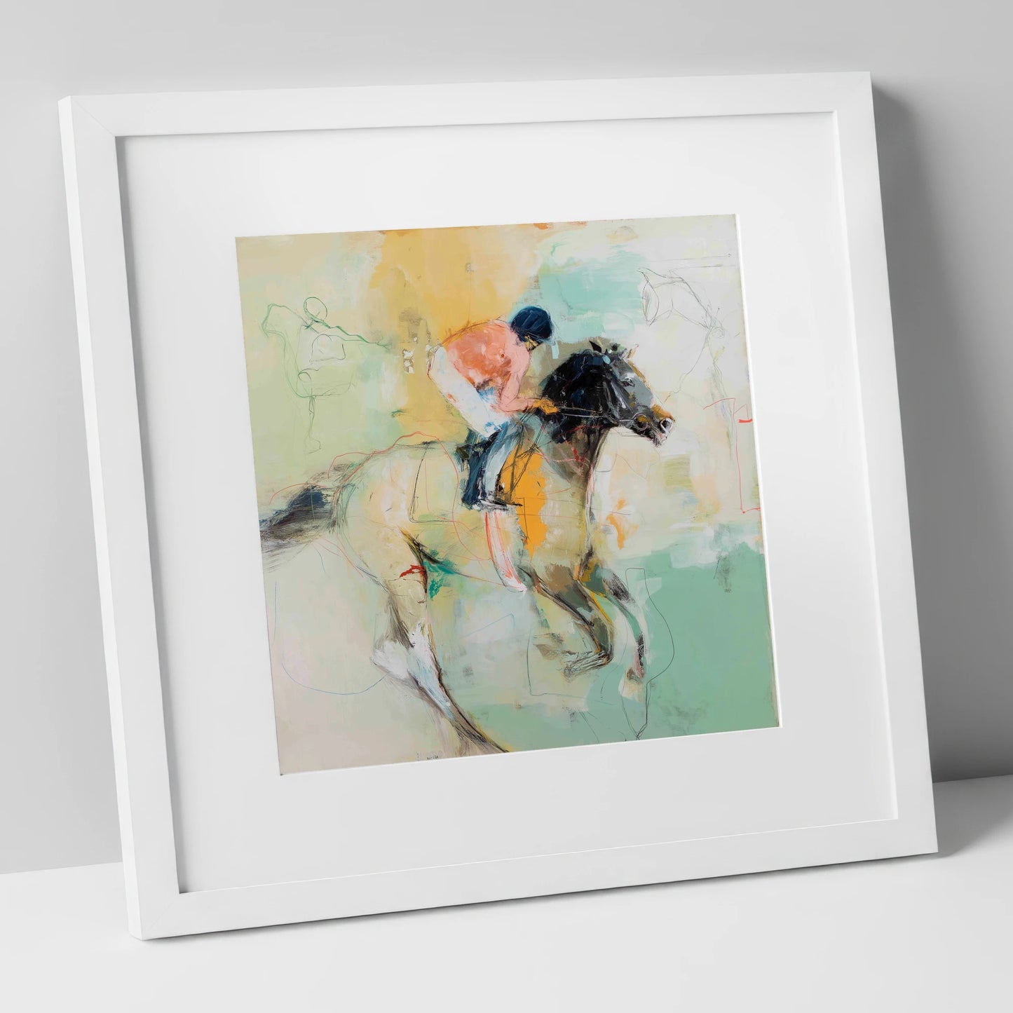 The Driving Finish racing horse art print in white frame