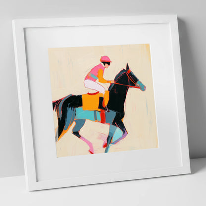 Vibrant Sprint racing horse art print in white frame