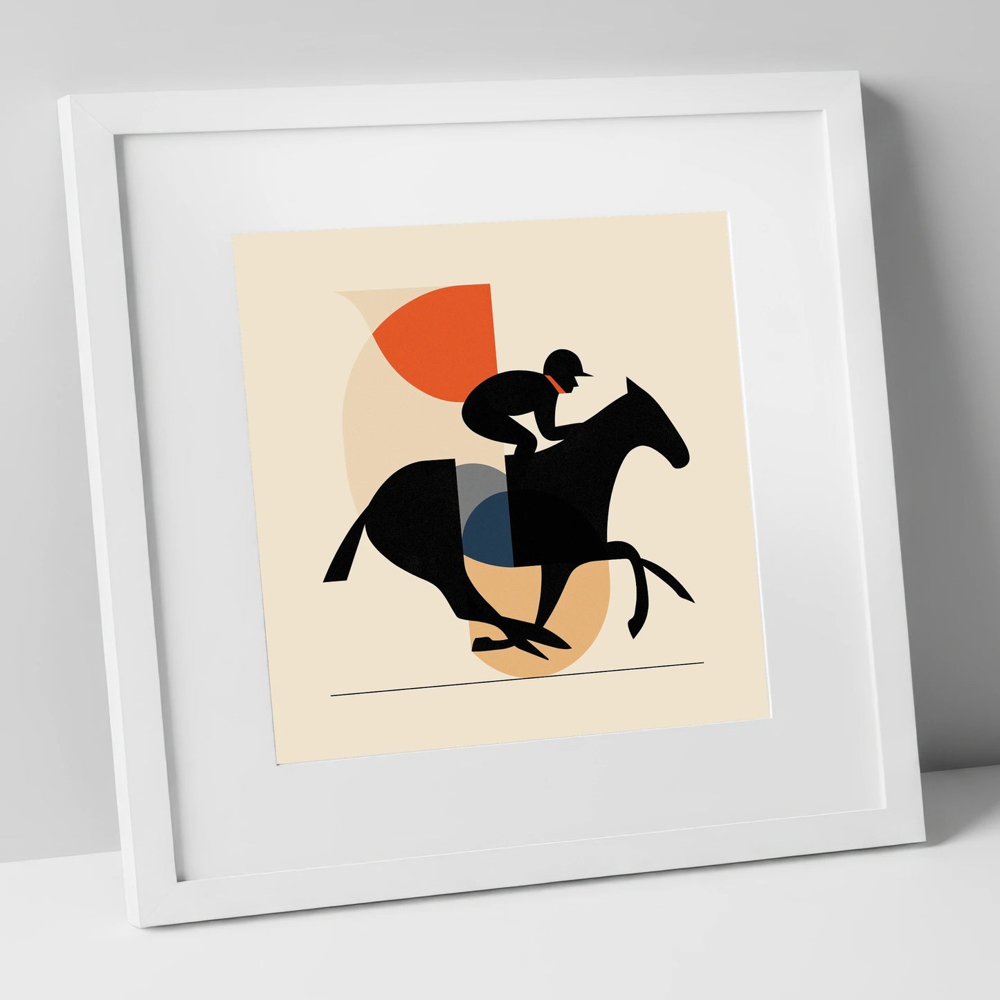 Retro Racing Silhouette racing horse art print in white frame