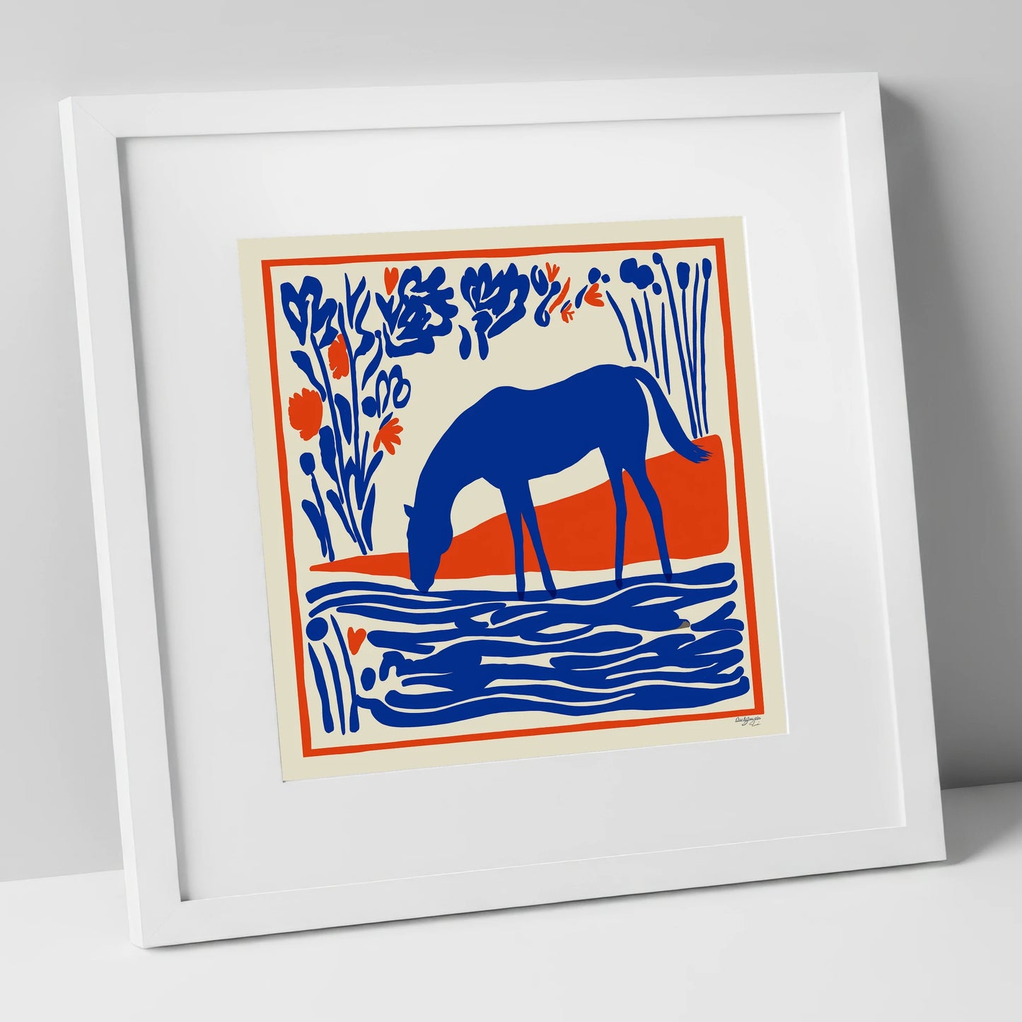 Cobalt Equine Oasis horse landscape art print in white frame