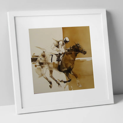 Sepia Racing Stride racing horse art print in white frame