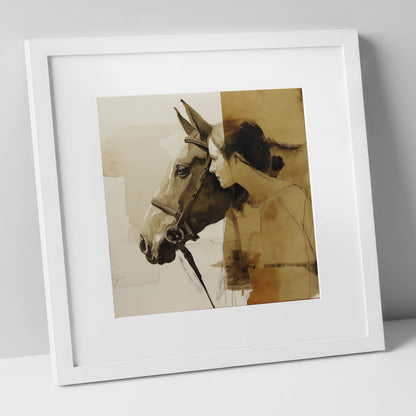 Quiet Connection horse & rider art print in white frame