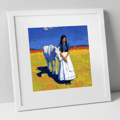 Sunlit Companion horse & rider art print in white frame