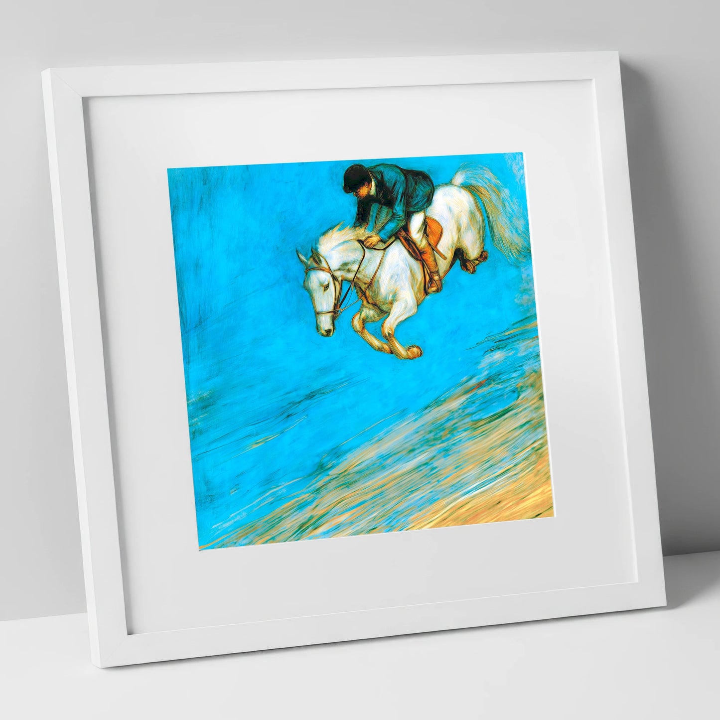 Cerulean Flight show jumping horse art print in white frame
