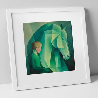 Emerald Equine Connection horse & rider art print in white frame
