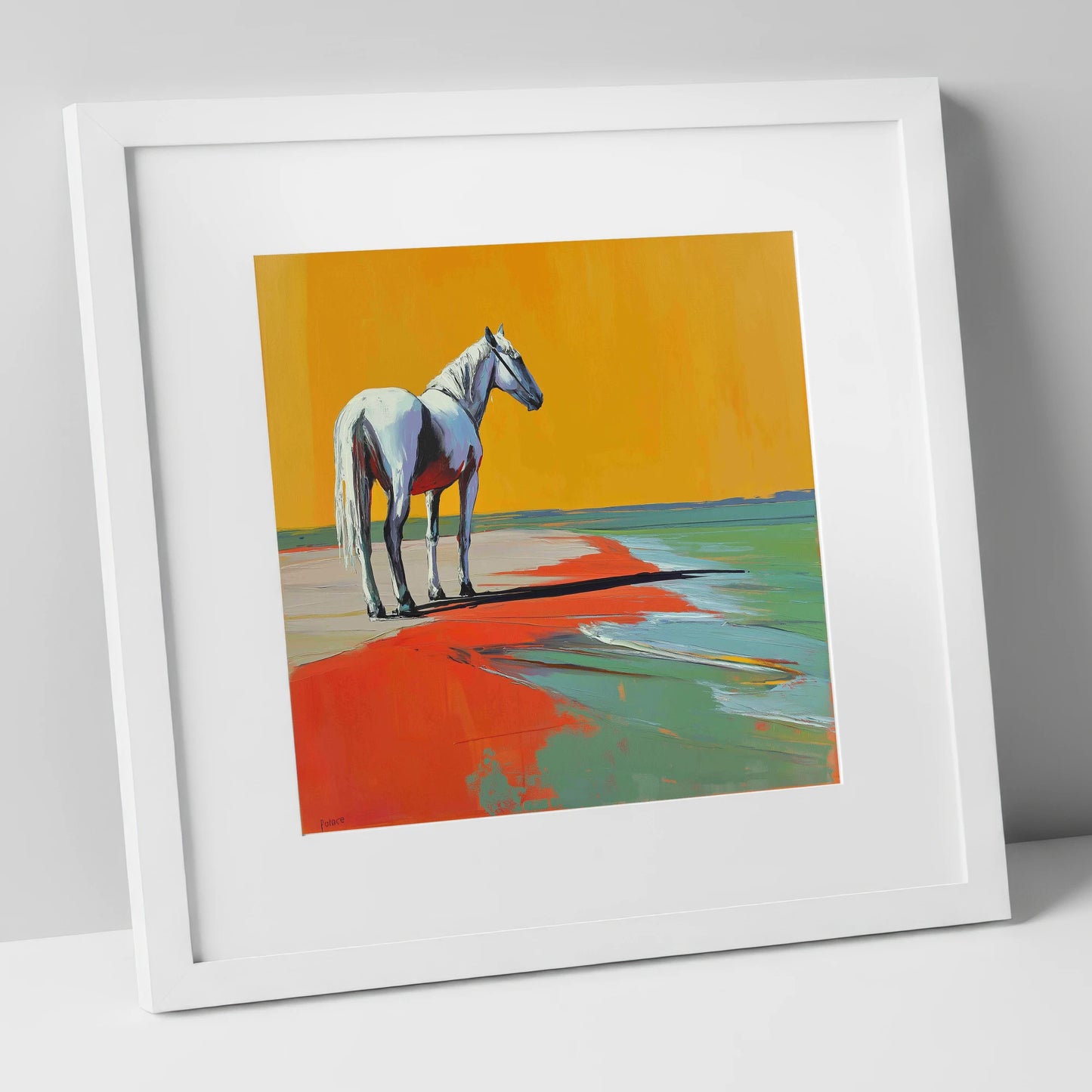 Amber Horizon horse landscape art print in white frame