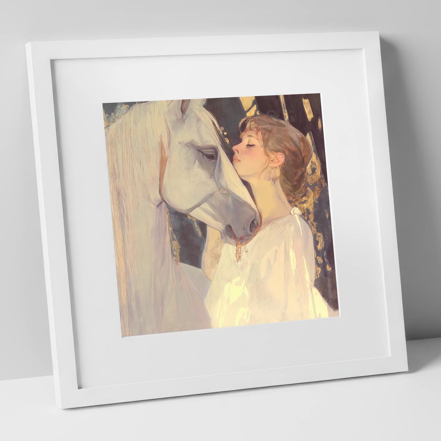 A Luminous Bond horse & rider art print in white frame
