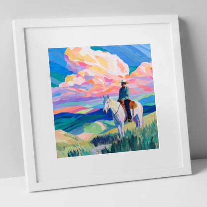 Painted Prairie Rider western horse art print in white frame