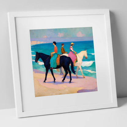 Azure Coastal Hack horse landscape art print in white frame