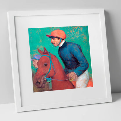 Turf Anticipation racing horse art print in white frame