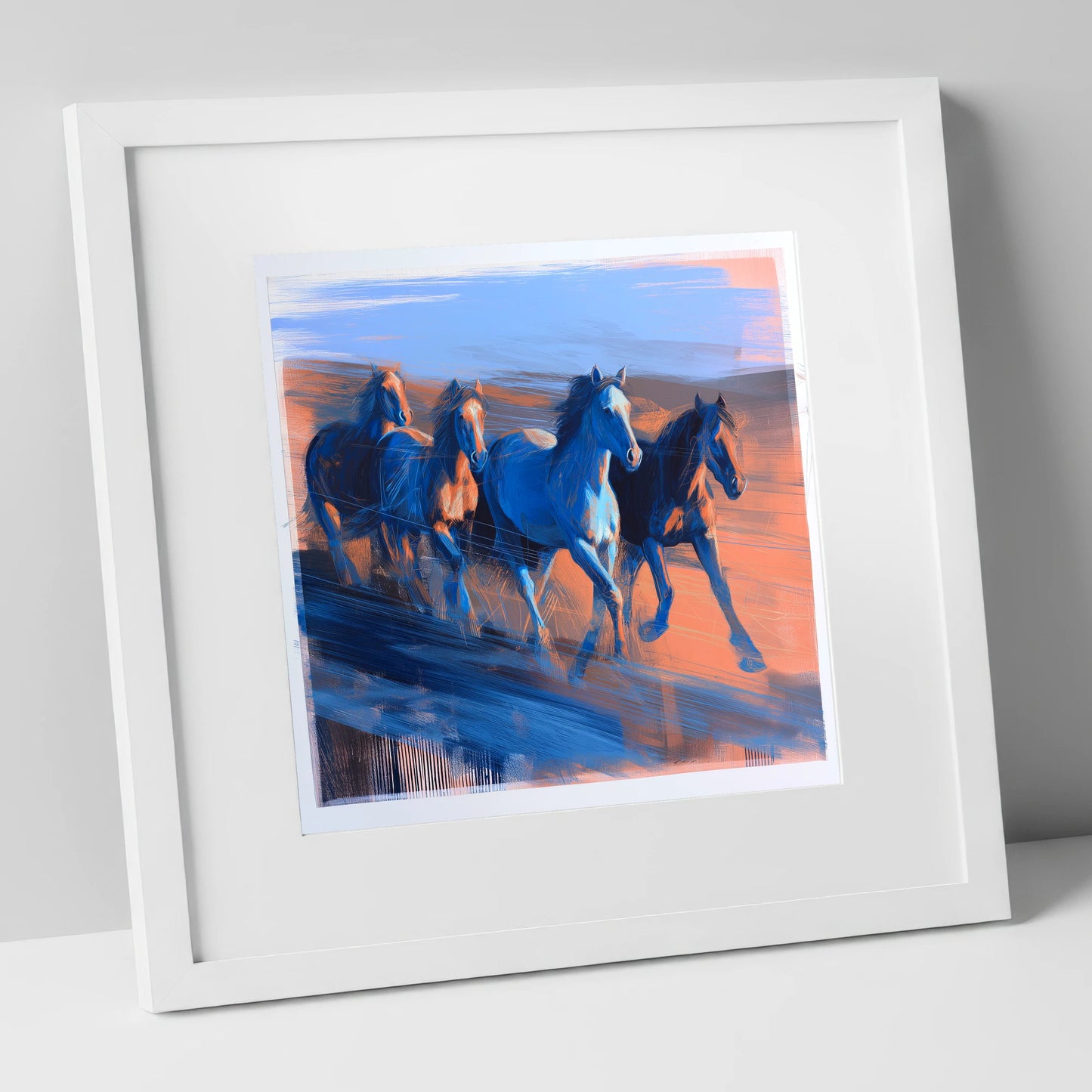 Cobalt Horizon Herd wild horses art print in white frame