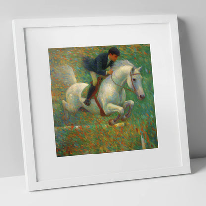 Luminous Jumping Grey show jumping horse art print in white frame