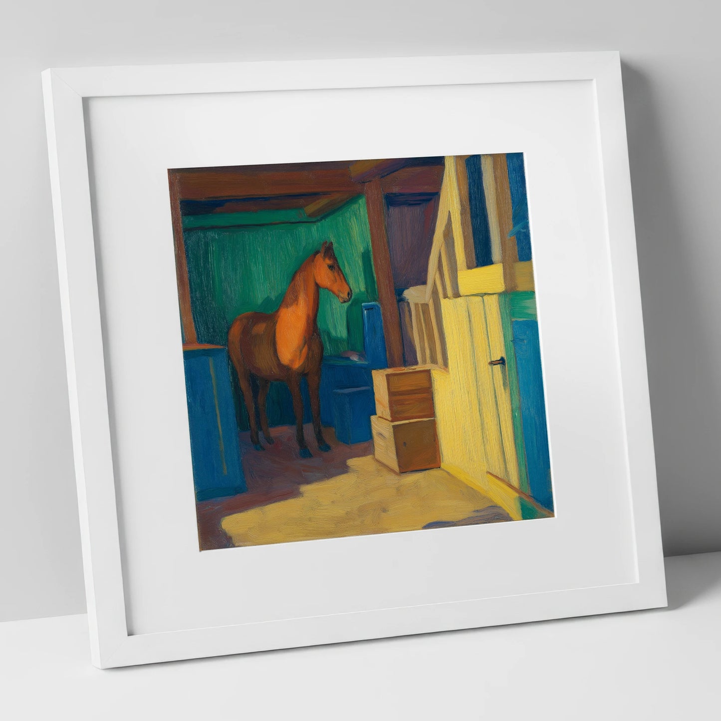 Vibrant Stable Light horse stable art print in white frame