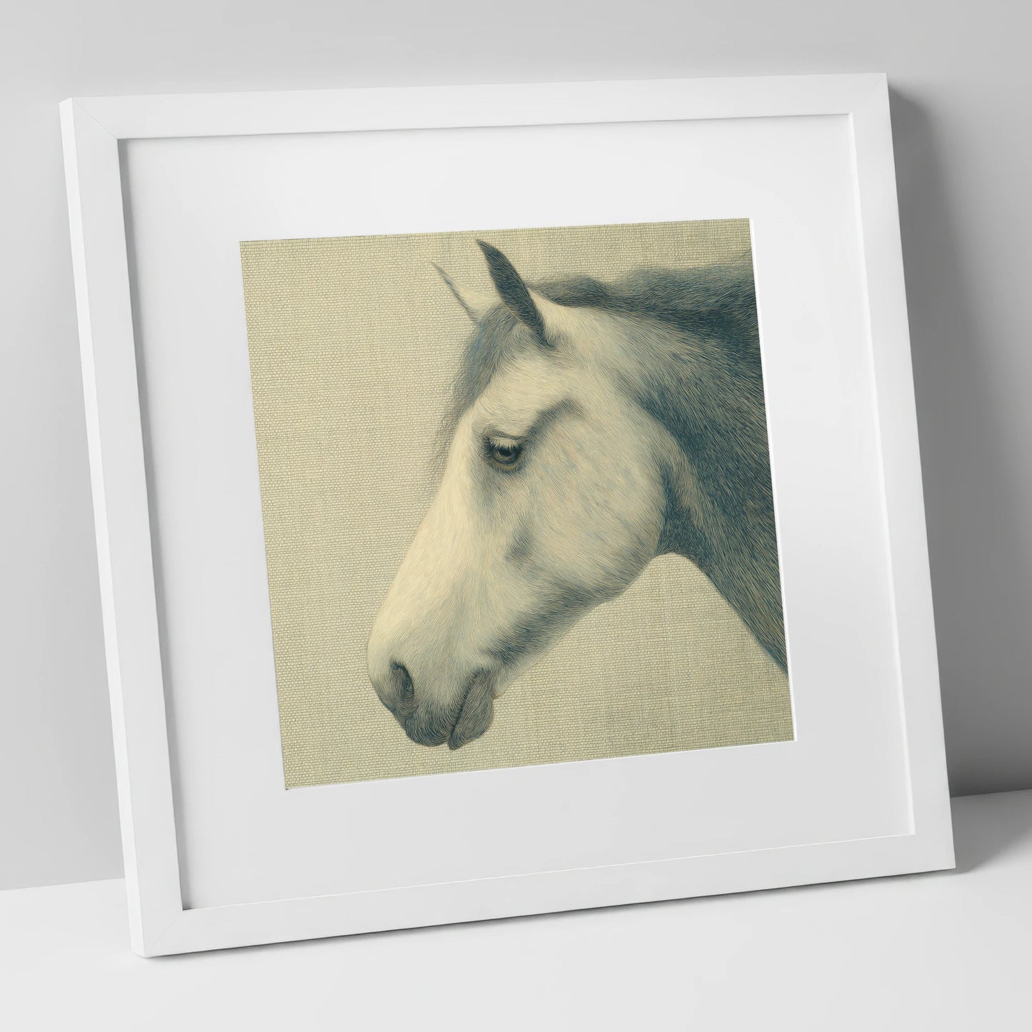 Classic Slate Equine Profile horse portrait art print in white frame