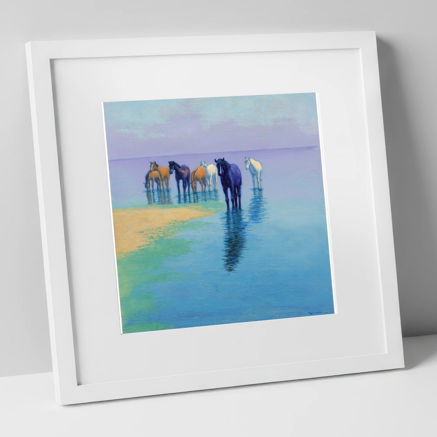 Lavender Shallows wild horses art print in white frame