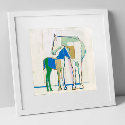 Modern Equine Kinship mare & foal art print in white frame