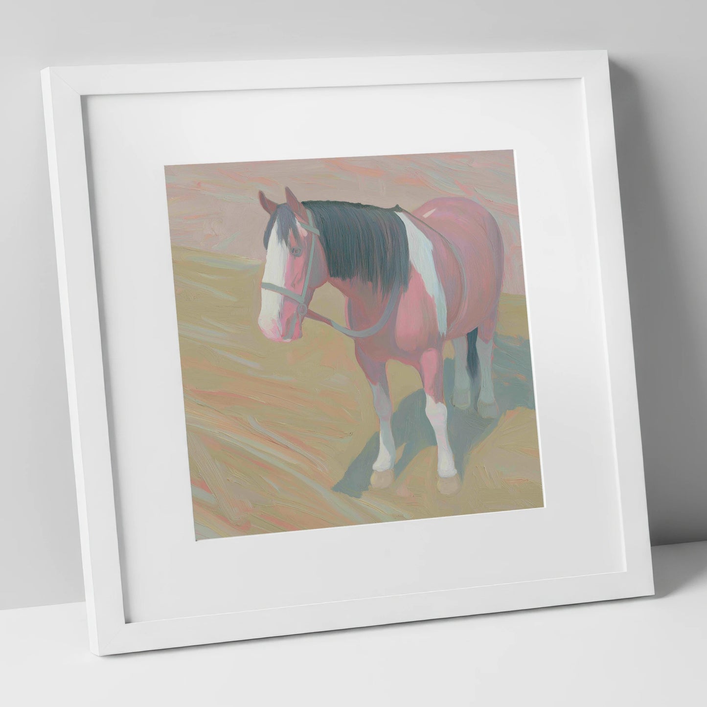 The Gentle Skewbald working horse art print in white frame