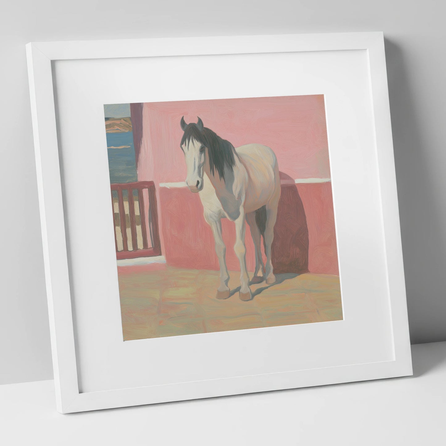 Coastal Courtyard Grey horse breed art print in white frame