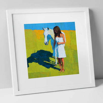 High Summer Shadows horse & rider art print in white frame