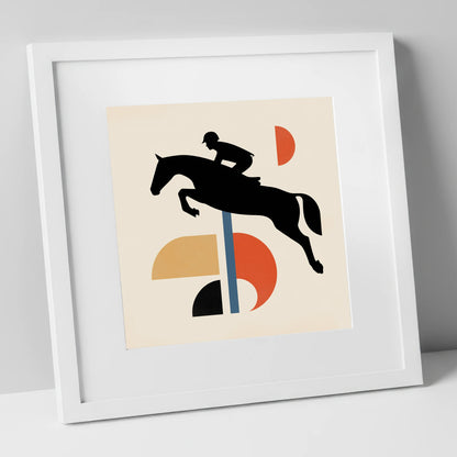 Retro Geometric Showjumper show jumping horse art print in white frame